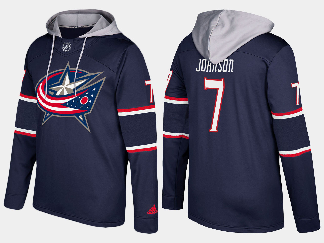 Men NHL Columbus blue jackets 7 jack johnson navy blue hoodie